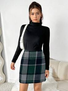 3pcs Set: Plaid Vest, Mini Skirt & Fitted Top For Teenage Girls, Sleek Lines Suitable For Daily And Commute Wear, Layerable Design For Autumn/Winter - Green - View 4