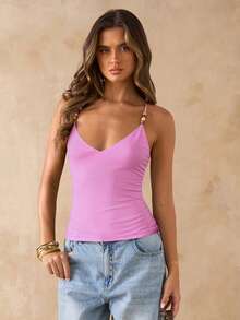 SHEIN BAE Áo tank top hai dây màu nâu đính hạt cho nữ, áo camisole ôm sát gợi cảm phong cách retro mùa hè, áo cami đính hạt cho kỳ nghỉ biển. - Màu Hồng baby - Xem 6