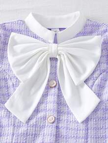 SHEIN 女童格子蝴蝶结装饰长袖连衣裙 - 紫色 - 查看 3