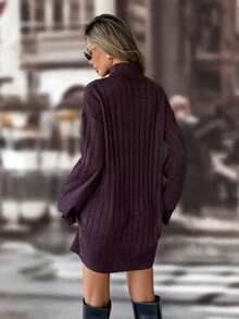 Chiquease Solid Color Turtleneck Ribbed Knit Long Sleeve Sweater Dress - Red Violet - View 2