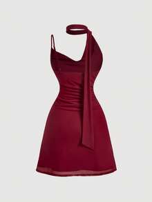 MOD Vestido mini ajustado con cuello de corbata de cinta a lunares - Burdeos - Ver 3