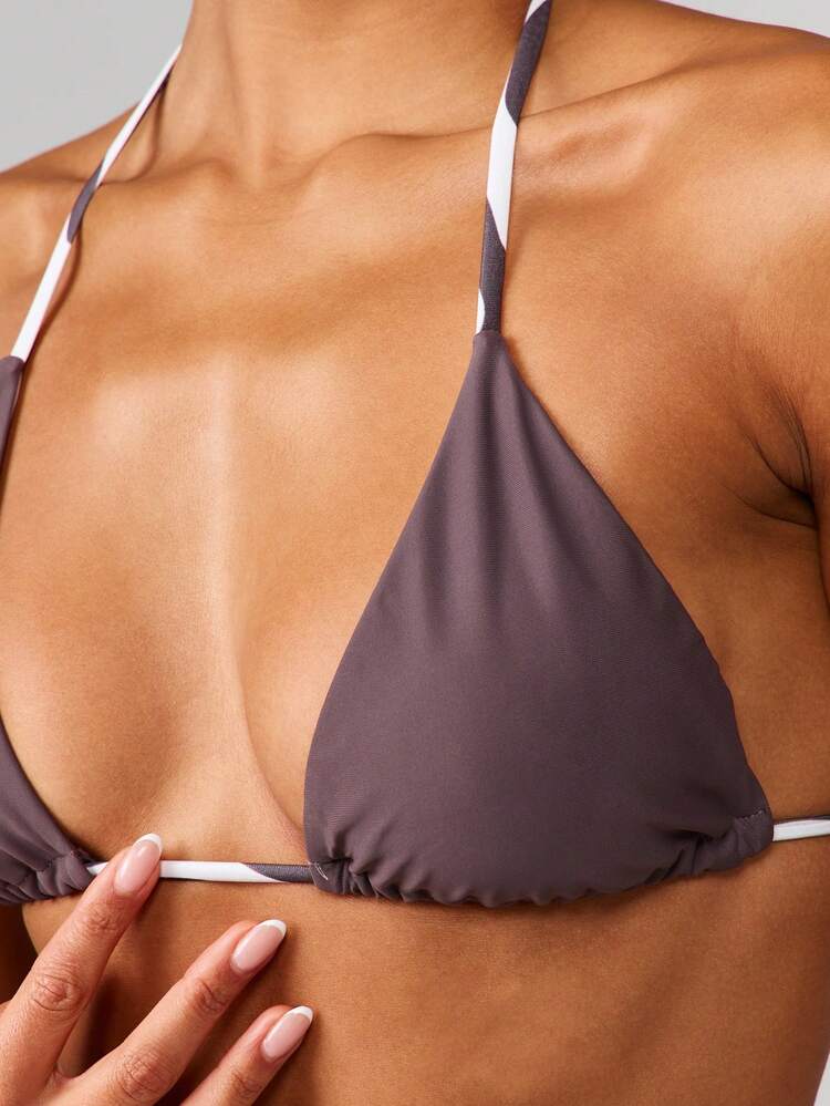 MISSGUIDED Top de bikini triangular reversible con estampado abstracto y parte superior de color marrón sólido con atar al cuello para playa y vacaciones de verano