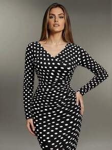 Nuvra Women's Long Sleeve Polka Dot Double Layer Shapewear Dress With Lining, Waist Cinching, Butt Lifting, Mid-Length Bodycon Dress - Black and White - View 11