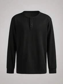 Officeau 男士亨利领华夫格针织套头T恤，亨利领设计，针织面料，简约休闲风，纽扣设计，适合日常穿着和轻商务场合，复古绅士风格，春夏皆宜。 - 黑色 - 查看 1