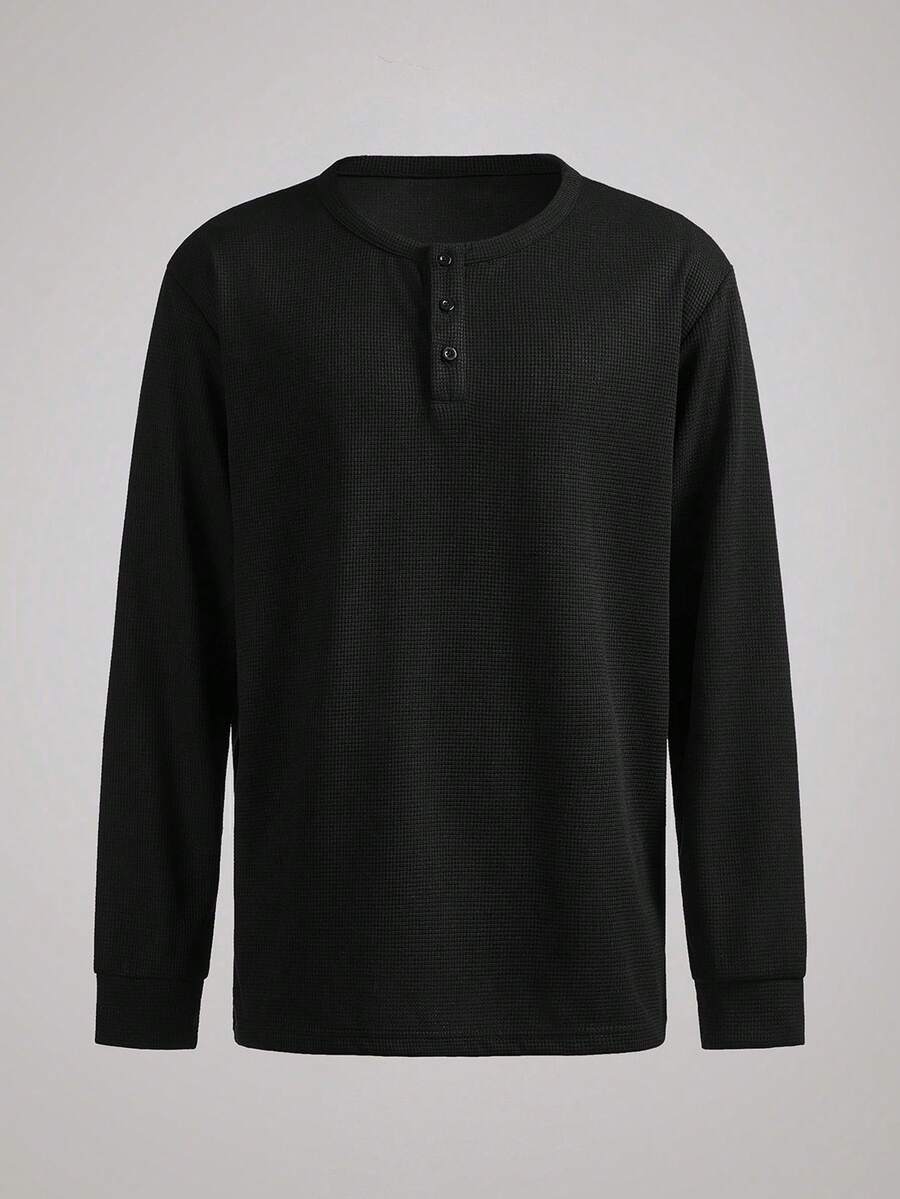 Officeau 男士亨利领华夫格针织套头T恤，亨利领设计，针织面料，简约休闲风，纽扣设计，适合日常穿着和轻商务场合，复古绅士风格，春夏皆宜。 - 黑色 - 查看 1