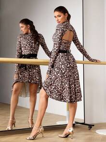 Menodora SHEIN Sport Trang phục khiêu vũ Latin tay dài hở lưng họa tiết da báo dành cho nữ - Màu vàng - Xem 2