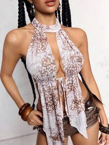 ROMWE Women's Retro Rocker Hippie Music Festival Sexy Halter Asymmetrical Hem Sheer Strap Camisole - Brown - View 2