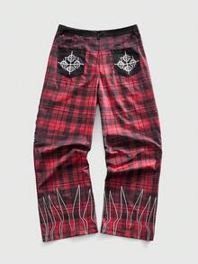 ROMWE MEN Men's Plaid Slogan Print Casual Loose Fit Commuter Pants - Multicolor - View 2