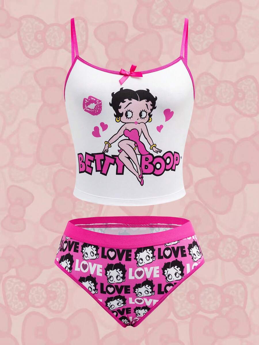 Betty Boop x SHEIN Women's Cartoon Character & Letter Print Contrast Binding Bow Detail Bra And Brief Set - Hot Pink - View 1
