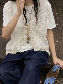 FRIFUL Summer New Solid Color Lace-Up Bow Tie Patchwork Sheer Lace Fabric Layered Casual Versatile Tank Top - Beige - View 6