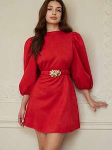 Aveloria Rosie Jupe mini élégante  avec volants à la taille et décoration de boucle métallique, robe à manches longues - Rouge - Voir 1