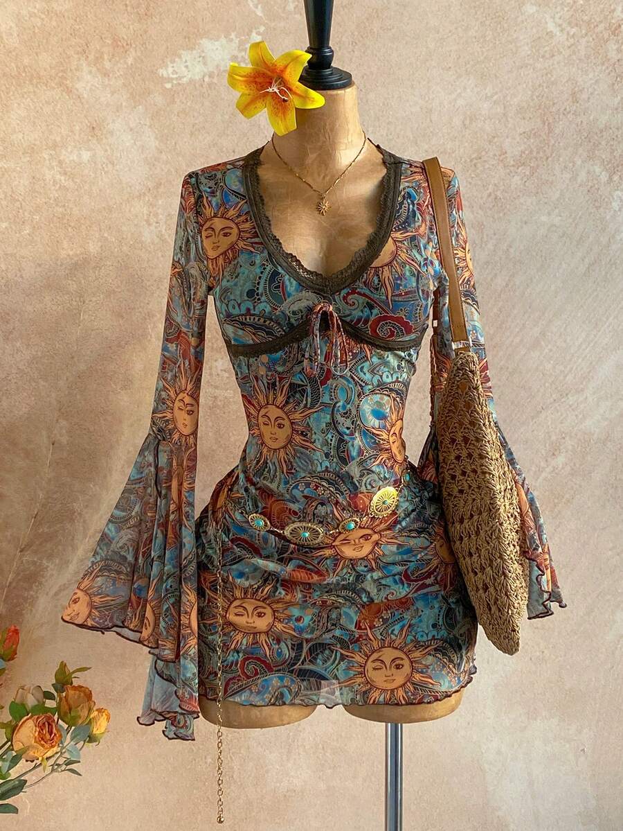 Váy ngắn in họa tiết Bohemian cổ điển dành cho nữ Soleia, cổ chữ V, viền ren hoa, tay dài, bo gấu không đều, váy đi nghỉ chữ A in họa tiết lưới, váy dự tiệc, đêm hẹn hò, bộ thời trang ôm sát gợi cảm, kỳ nghỉ du thuyền, kỳ nghỉ bãi biển, lễ hội âm nhạc, váy đi nghỉ Boho, phù hợp với mọi mùa - Nhiều màu - Xem 1
