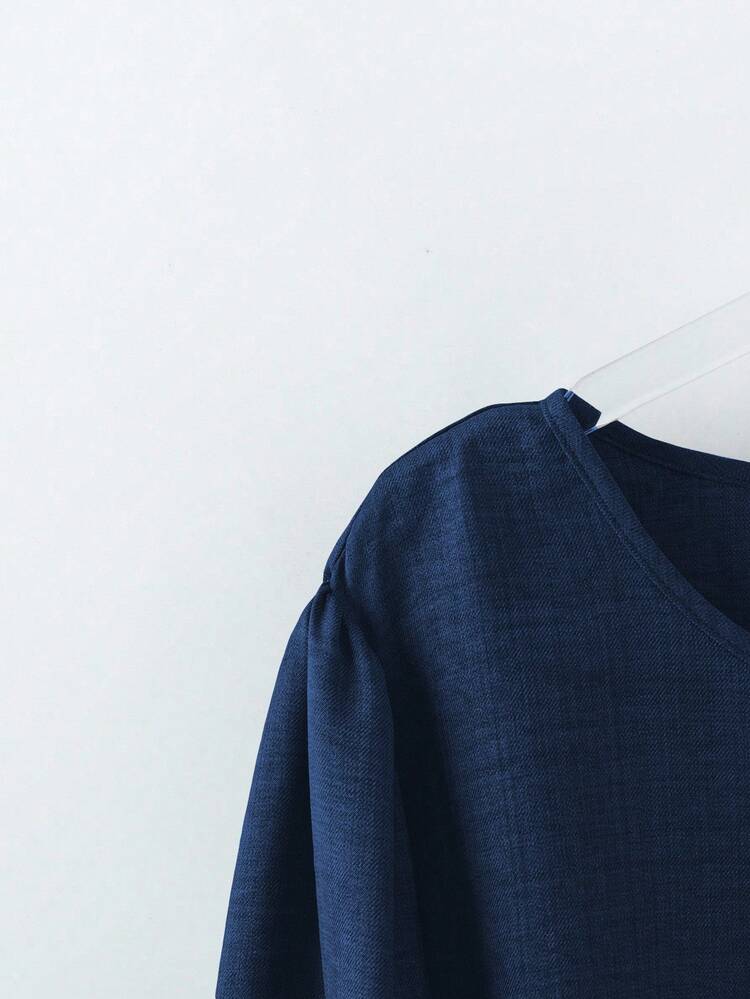 Linhara Conjunto Casual de 2 Peças em Algodão e Linho Texturizado Confortável para Mulheres Plus Size, Top de Manga Longa e Gola Redonda e Calça, Minimalista e da Moda, Ideal para Primavera/Outono - Azul Marinho - Visão 6