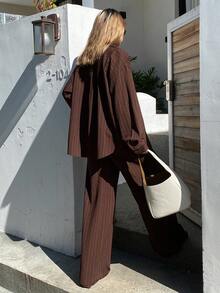 Livesso Brown Textured Pleated Striped Long Sleeve Shirt And Straight Leg Casual Pants 2 Pieces Suit Set, Loose Fit Business Casual Vacation Office Wear, Suitable For Autumn, Spring, Summer - Brown - View 4