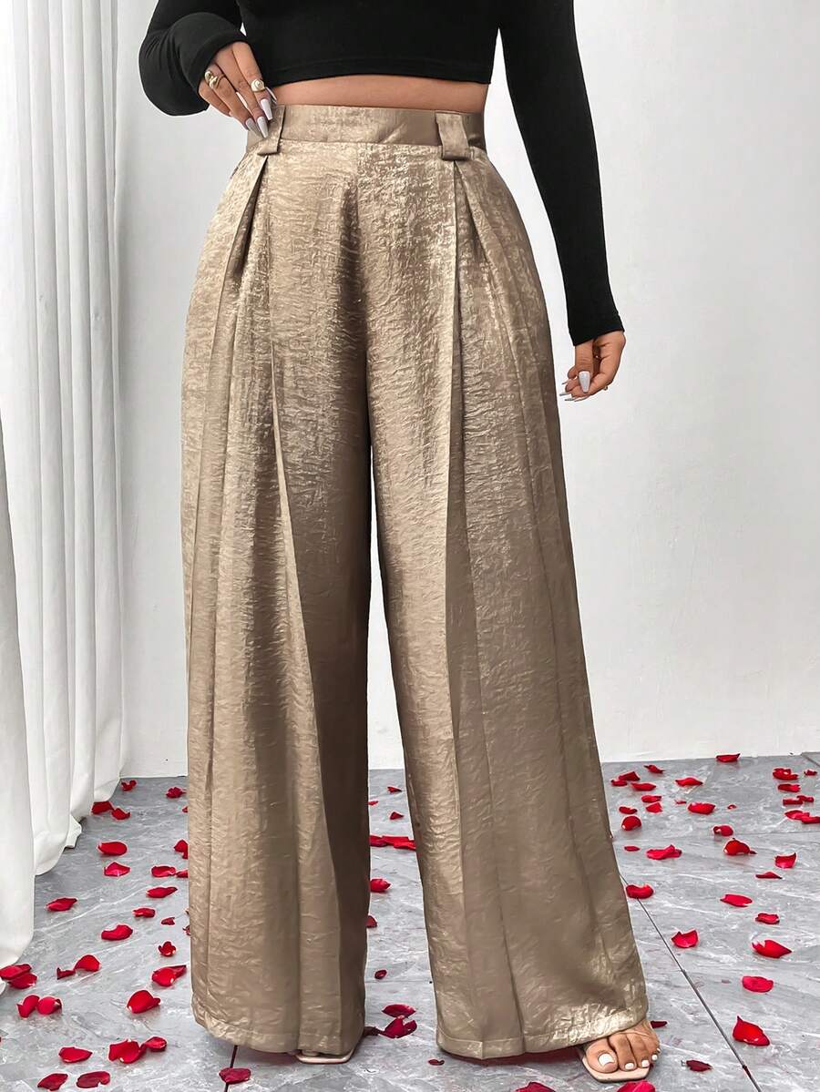 SHEIN Tall CURVE Pantaloni de damă urbani noi, aurii, mate, strălucitoare, mărime mare, Elenzga, pantaloni eleganți, casual, cu pliseuri metalice, cu picior larg