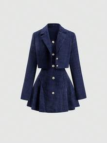 Sweetra 法国系列秋冬新款两件套，时尚俏皮的公主风派对连衣裙，收腰显瘦设计，百搭优雅的正式礼服 - 藍色 - 查看 8