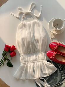 SHEIN EZwear 褶皺露背無袖高領束腰上衣