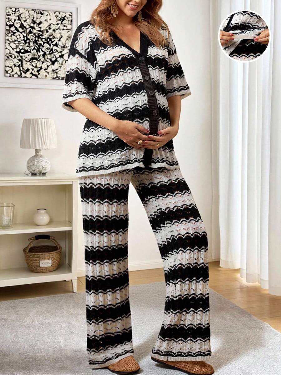 SHEIN Maternity Wavy Striped Single-Breasted Knit Cardigan And Knit Pants Casual Suit S Knit Lounge Set Zebra Print Pregnancy Striped Lounge Set ,Maternity Clothes Lounge Sets For Women Pajama Sets For Women Maternity Lounge Set Knitted Pajama Set - Black and White - View 1