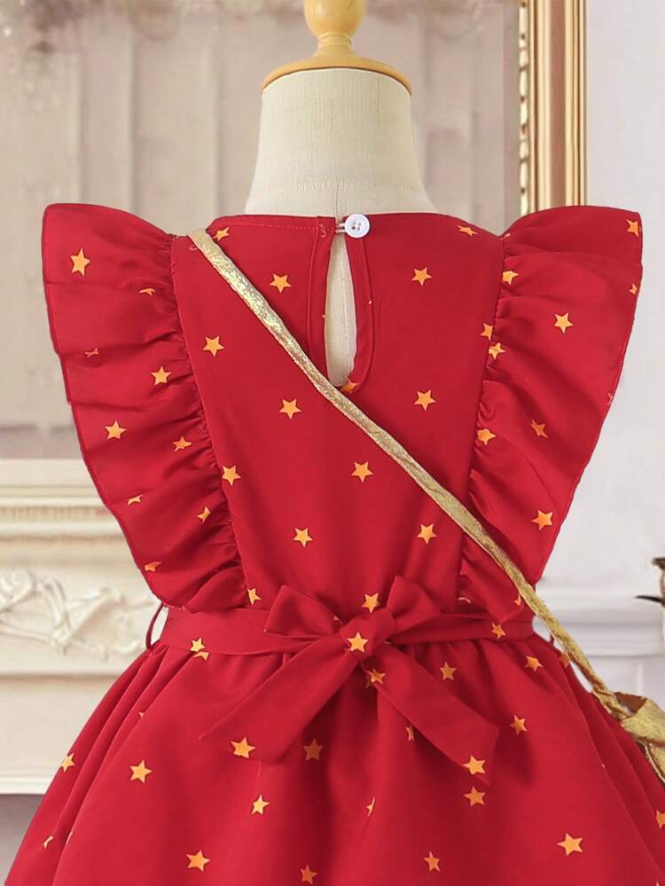 رمضان فستان بأكمام قصيرة مطبوع بنجوم ذو ألوان متباينة للفتيات الصغيرات - الأحمر - مشاهدة 7