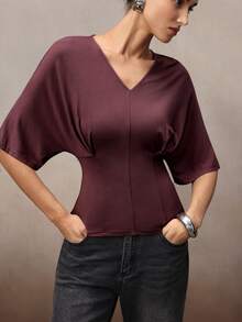 Modelyn 女士纯色V领落肩修身时尚优雅T恤 - 棕色 - 查看 2