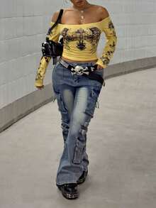 Maweii 大码女式性感露肩印花长袖上衣T恤，适合春秋季穿着 - 黃色 - 查看 3