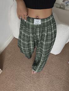 SHEIN Quần ống đứng lưng thun họa tiết kẻ caro thường ngày cho nữ - Nhiều màu - Xem 5