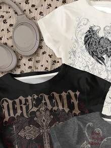 SHEIN Áo thun tay ngắn in hình trái tim cánh chim phong cách Grunge Punk Gothic màu đen và đỏ, vừa vặn, phù hợp cho bóng rổ, thể thao, thể hình, tông màu da lúa mì, cổ vũ, bộ sưu tập lựa chọn của bé gái tuổi mới lớn, cơ bản hàng ngày, bé gái tuổi mới lớn vui vẻ, bé gái tuổi mới lớn - Nhiều màu - Xem 6