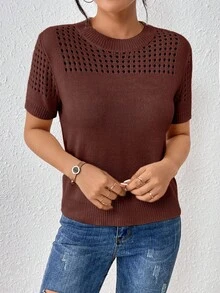 EMERY ROSE 女士圆领纯色短袖针织上衣，适合夏季和新年穿着 - 咖啡棕 - 查看 6