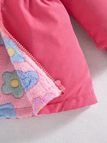 SHEIN Playful Pals 1 Áo khoác mùa đông mới cho bé gái, lót vải giữ nhiệt màu anh đào, dày, giản dị, trễ vai, tay dài, eo chun, khóa kéo, áo khoác cardigan có mũ trùm đầu, đa năng, ấm áp - Hồng - Xem 3