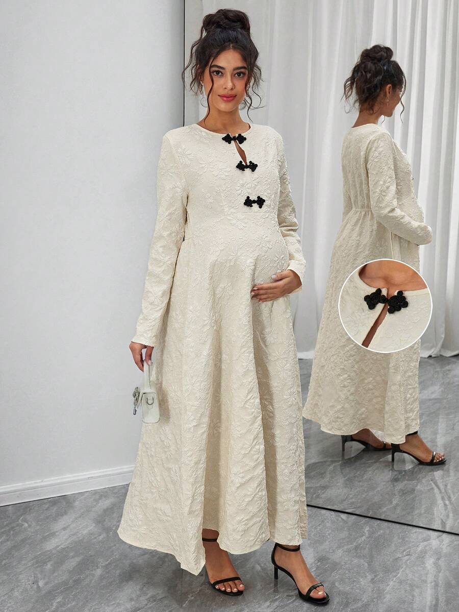 Momance Elegant Contrast Color Button Jacquard Long Sleeve Dress - Apricot - View 1