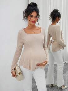 Momance Maternity U-Neck Raglan Sleeve Ruffle Hem Casual Comfortable T-Shirt - Apricot - View 2