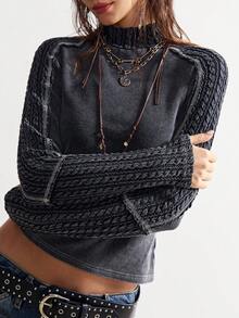 Bohemela Áo thun dài tay cổ đứng dệt kim màu trơn, chất liệu vải pha trộn, thích hợp cho mùa đông, năm mới, Giáng sinh, Lễ tình nhân và các lễ hội âm nhạc dành cho nữ. - màu đen - Xem 5