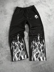 ROMWE MEN Men's Casual Flame Print Drawstring Loose Sweatpants - Black - View 1