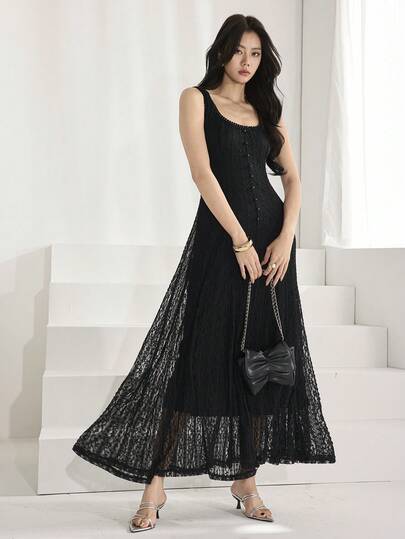 Heiryn Women's Solid Color U-Neck Sleeveless Fitted Lace Sexy Dress