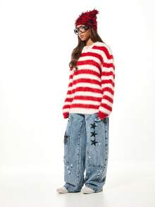 SUMWON WOMEN Áo len dệt kim sọc rộng thùng thình, mềm mại, tay dài, cổ buộc dây, thích hợp mặc mùa đông. - Đỏ và trắng - Xem 5