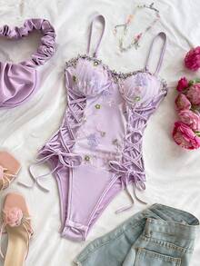 Soleia Purple Mesh Embroidered Green Fishbone Bodysuit For Women, Sexy Vacation Lavender Swimsuit Flower Swimsuit Purple Bathing Suit Lavender One-Piece Embroidered Swimsuit Summer Spring Valentine's Day Casual Vacation  Beach Wedding Birthday Going Out Elegant Casual Vacation Cut Out Swimsuit Summer Spring Valentine's Day Casual Vacation  Beach Wedding Birthday Going Out Elegant Casual Vacation - Multicolor - View 6