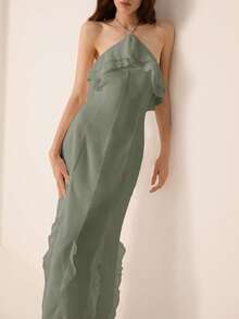 Revavyn 白色雪纺露背荷叶边修身连衣裙 - 綠色 - 查看 4