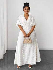 Maweii 大码女式纯色蝙蝠袖V领简约优雅法式连衣裙 - 白色 - 查看 5