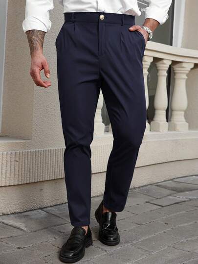 Manfinity Mode Plus Size Men's Casual Pockets Button Closure Office Commute Suit Pants Men Pants Dress Mens Dress Pants Men Slim Fitted Elastic Pants Men Trousers Mens Navy Blue Pants