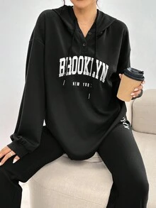 Veilorie 女士休闲字母印花抽绳连帽卫衣和裤子两件套，秋季两件套 - 黑色 - 查看 5