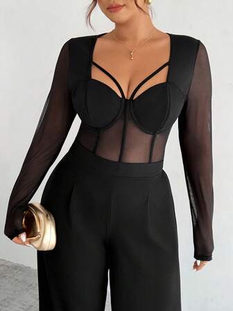 Firerie Plus Size Elegant Commute Workplace Sophisticated High-End Afternoon Tea Slightly Sexy Date Music Concert Party INS Black Solid Color Mesh Lace-Up Hollow Design Halter Blouse, Suitable For Holiday, New Year, Party, Elegant Office Fairy