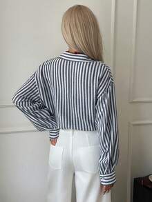 Livesso Loose Textured Pleated Striped Blue Long Sleeve Blouse, Casual Business Office Wear, Suitable For Autumn, Spring, Summer - Blue - View 8
