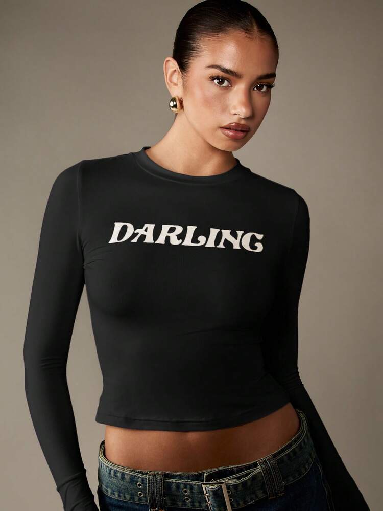 MISSGUIDED Long Sleeve Darling Slogan Baby Tee Fitted Crop Top Round Neck Letter Print Statement Shirt