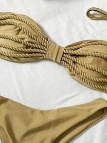 Swim Vcay 2pcs/Set Solid Color Rope Decor Bandeau Bikini Top And High Cut Bottoms Sexy Swimsuit Set, Spring/Summer - Khaki - View 5