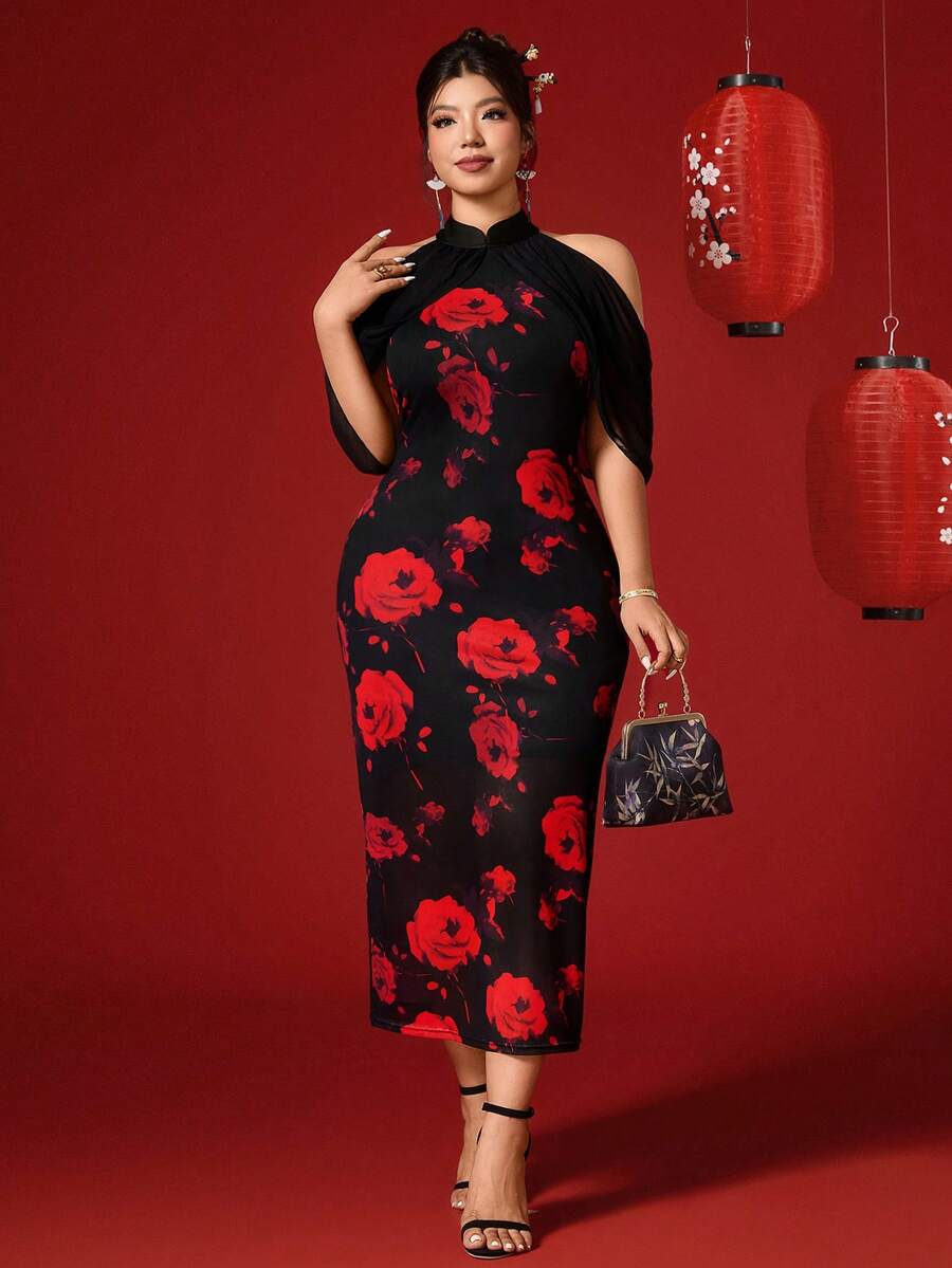 Elenzga 新款大码女式优雅中式旗袍，情人节必备，浪漫网纱印花，优雅性感，展现好身材，适合春节氛围、浪漫约会、独特派对装扮，展现都市女性魅力。 - 彩色 - 查看 1