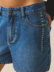 Aralina Pantalones cortos vaqueros de cintura baja y pierna ancha con lavado desgastado y decoración de rhinestones, de estilo casual de verano - Azul - Ver 1