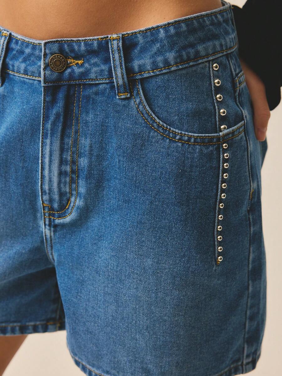 Aralina Pantalones cortos vaqueros de cintura baja y pierna ancha con lavado desgastado y decoración de rhinestones, de estilo casual de verano - Azul - Ver 1