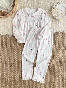 Young Girls Pajamas-2 Piece Pajama Set Round Neck LongSleeve LongPants TwoPiece Ruffle Collar Elastic Cuffs Ruffle Hem AllOver Ballerina Print White Pink Black Cozy Versatile Sleepwear Bedtime Sleepovers Holiday Gift FourSeasons 2026 NewYear MustHave Girls Pajama Set Kids Pajama Set Ballet Pajama Set - Beige - View 1