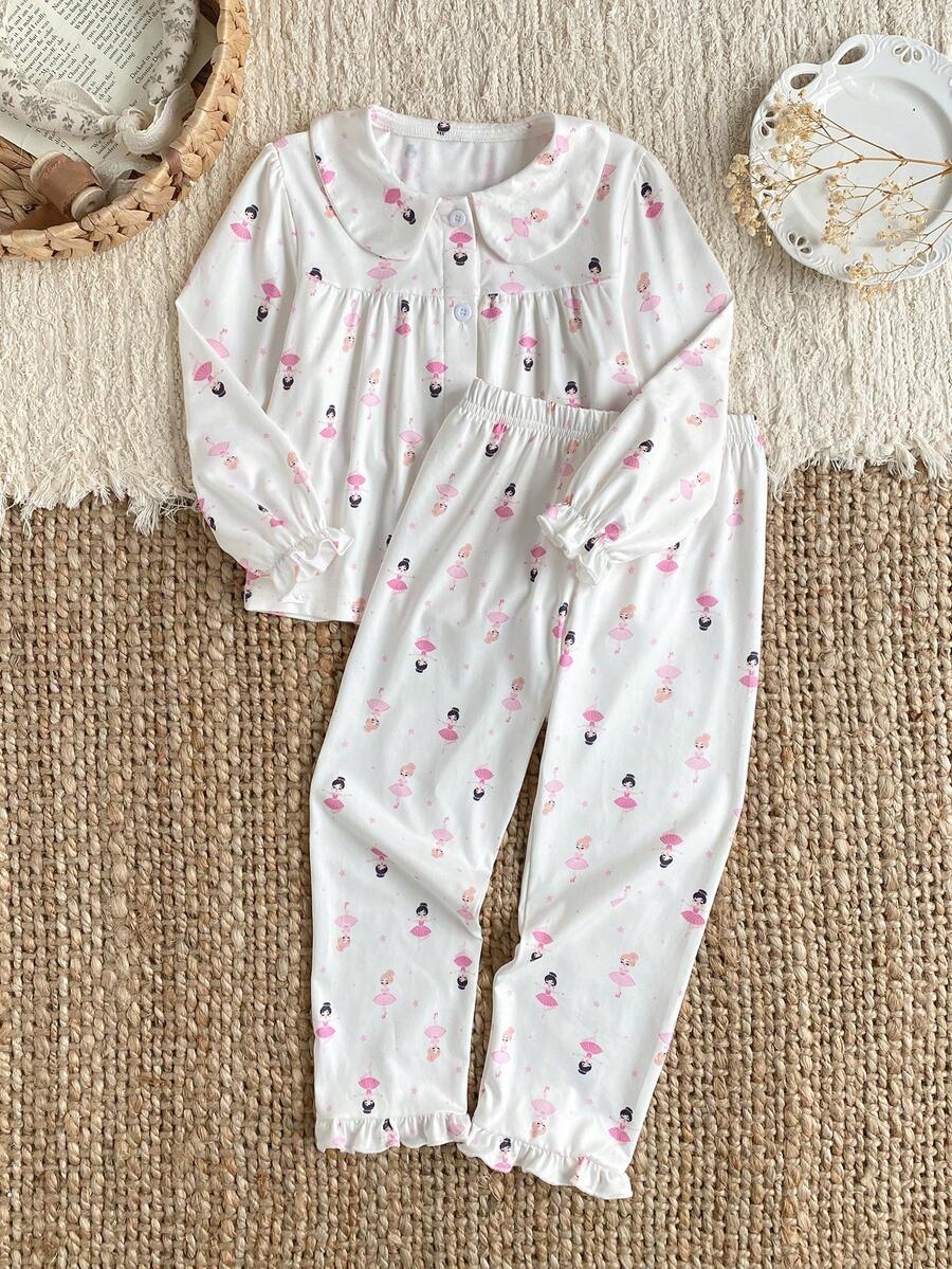 Young Girls Pajamas-2 Piece Pajama Set Round Neck LongSleeve LongPants TwoPiece Ruffle Collar Elastic Cuffs Ruffle Hem AllOver Ballerina Print White Pink Black Cozy Versatile Sleepwear Bedtime Sleepovers Holiday Gift FourSeasons 2026 NewYear MustHave Girls Pajama Set Kids Pajama Set Ballet Pajama Set - Beige - View 1