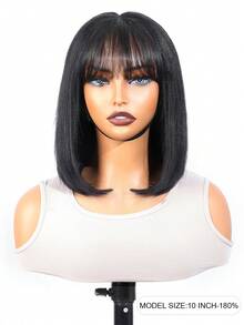 Yaki Straight Glueless Bob Wig Human Hair With Bangs 4x4 Transparent Lace Short Ready To Wear Bob Wigs Natural Looking 180% Density Black Color - Natural Black - View 7